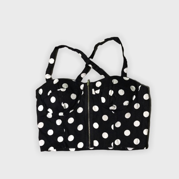 Lovely Day Tops - Black and White Polka Dot Zip Up Crop Top Large